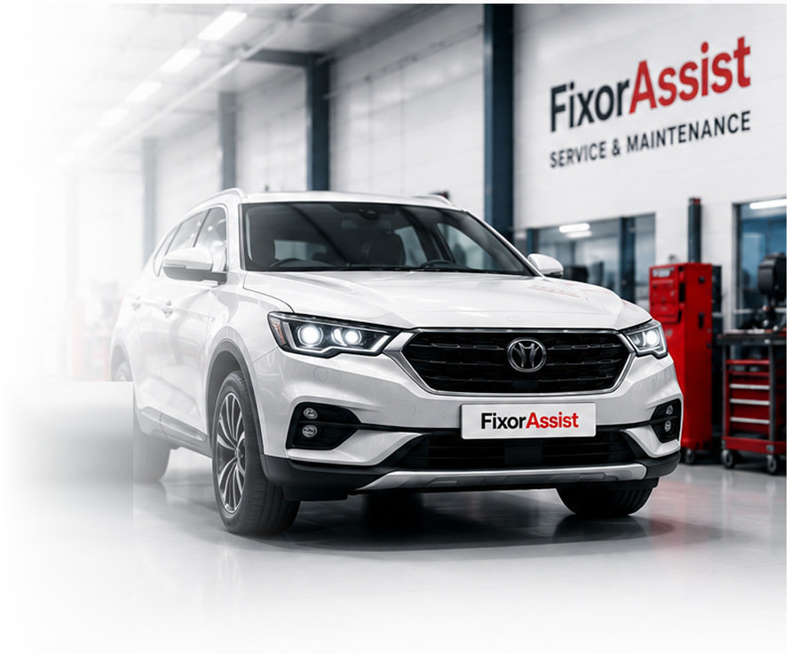 White SUV inside a FixorAssist Service & Maintenance workshop