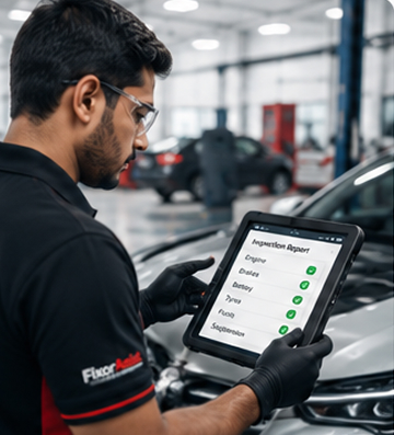 Technician reviewing an inspection report on a tablet