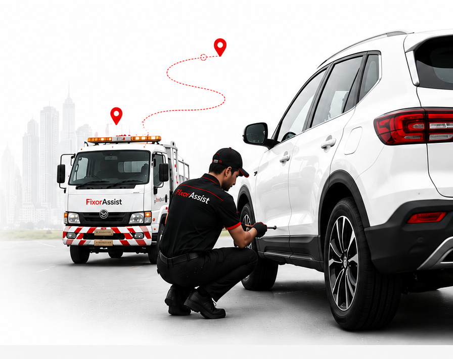 FixorAssist technician assisting a car with tow truck