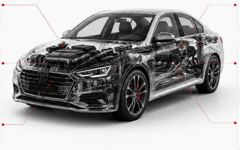 Transparent car showing internal genuine parts