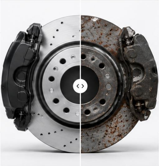 Split comparison of a genuine brake disc versus a corroded counterfeit