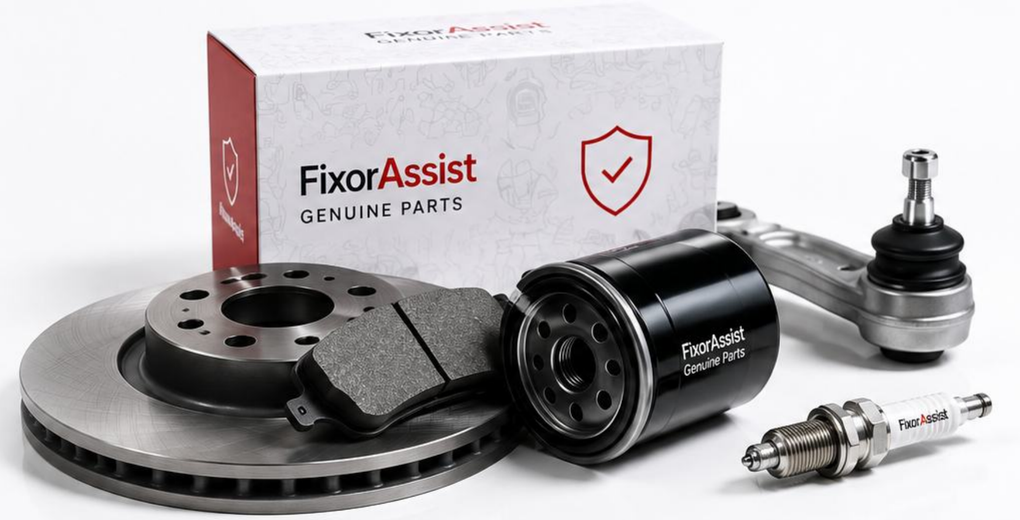 FixorAssist genuine parts box with brake disc, oil filter and spark plug