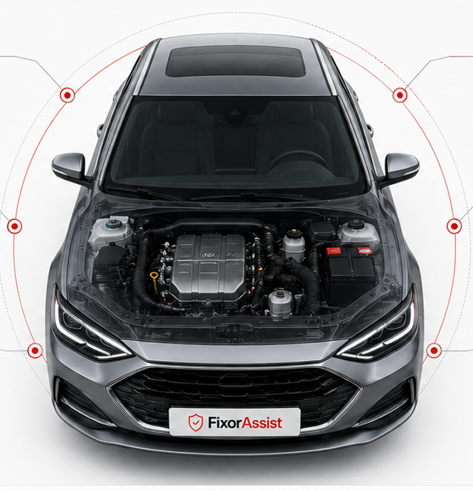Top view of a car showing the 6 major inspection areas