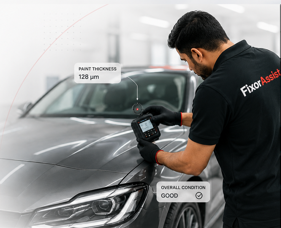 FixorAssist inspector measuring paint thickness on a car