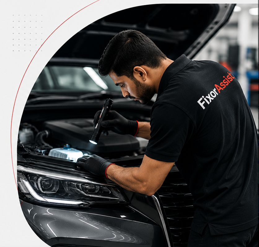 FixorAssist expert inspecting an engine bay with a flashlight