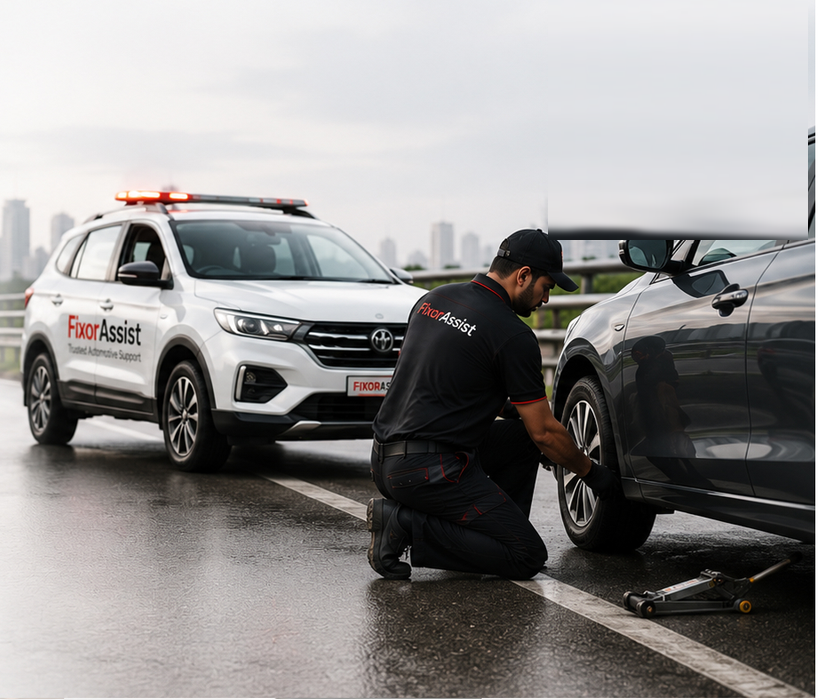 FixorAssist expert changing a tyre on the roadside