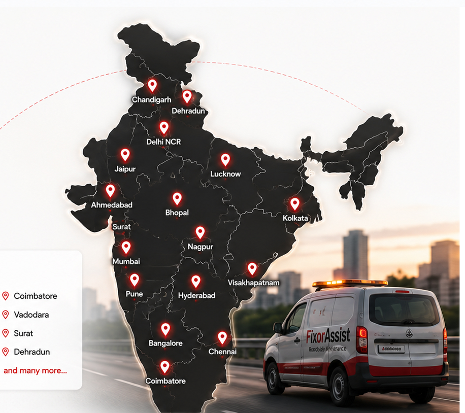 FixorAssist coverage map of India with major cities marked