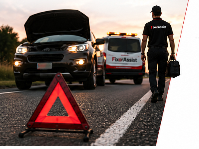 FixorAssist expert walking to a breakdown at dusk
